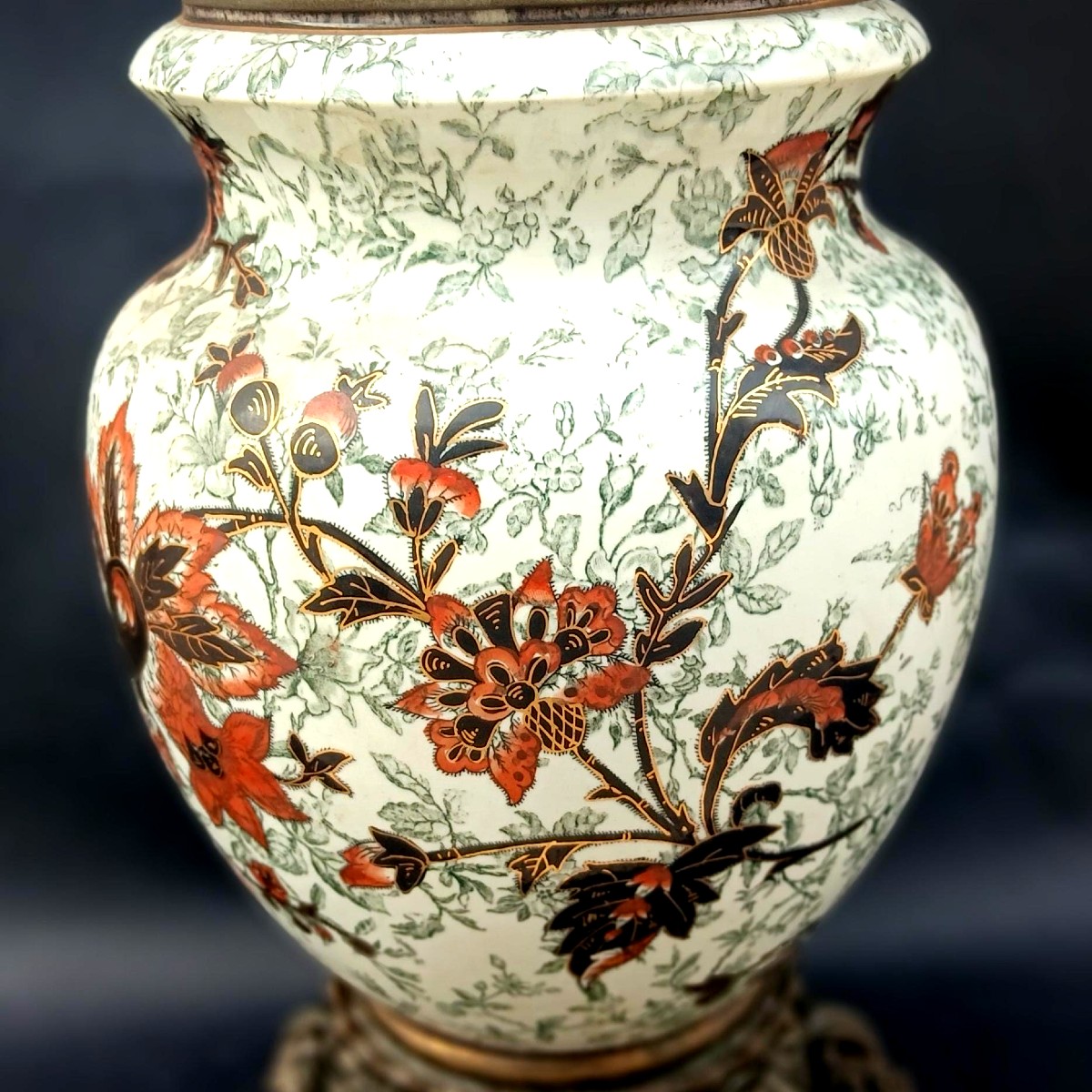 Grande lume a petrolio in ceramica decorata a fiori (1850-60 ) funzionante -  cm.63-photo-2