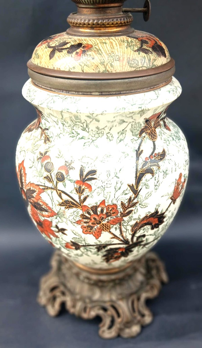 Grande lume a petrolio in ceramica decorata a fiori (1850-60 ) funzionante -  cm.63-photo-3