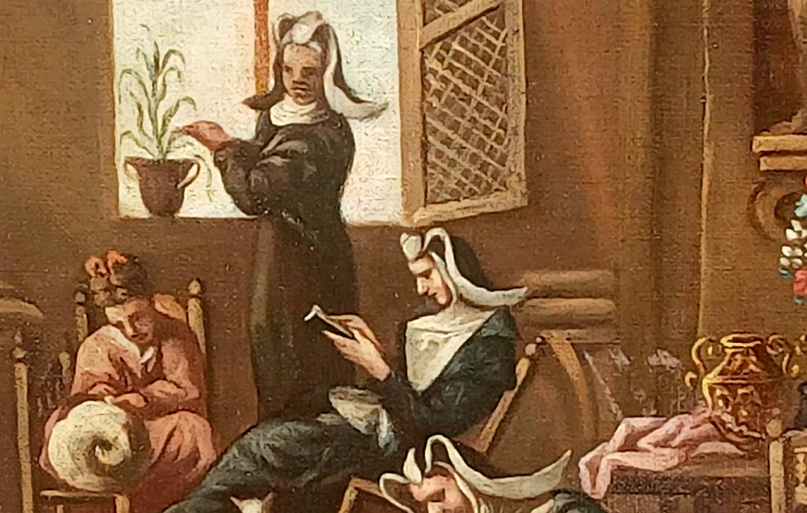 'Ricreazione in Convento' Olio su tela, scuola ligure del Magnasco di  fine 600'. Cornice coeva-photo-2
