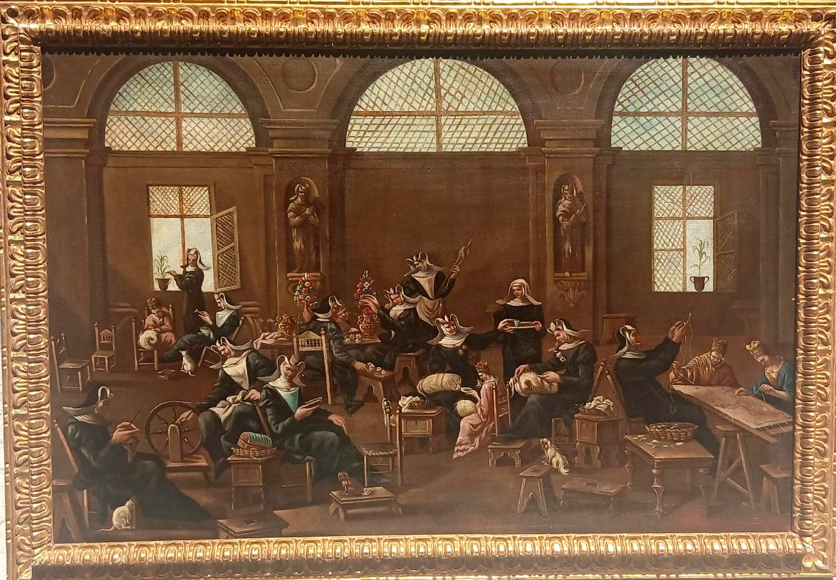 'Ricreazione in Convento' Olio su tela, scuola ligure del Magnasco di  fine 600'. Cornice coeva