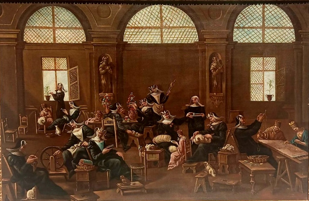 'Ricreazione in Convento' Olio su tela, scuola ligure del Magnasco di  fine 600'. Cornice coeva