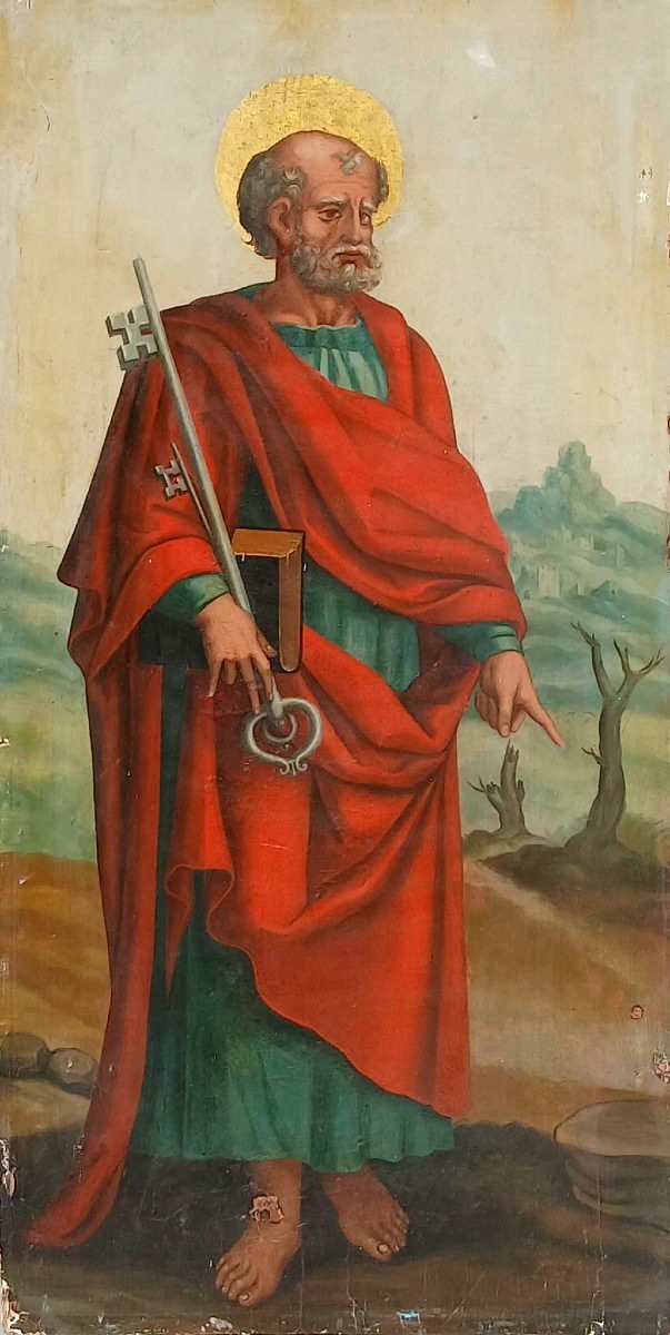 Francisco Pacheco de Rio. (Maestro di Velasquez) San Pietro, dipinto su tavola. cm.97x50.