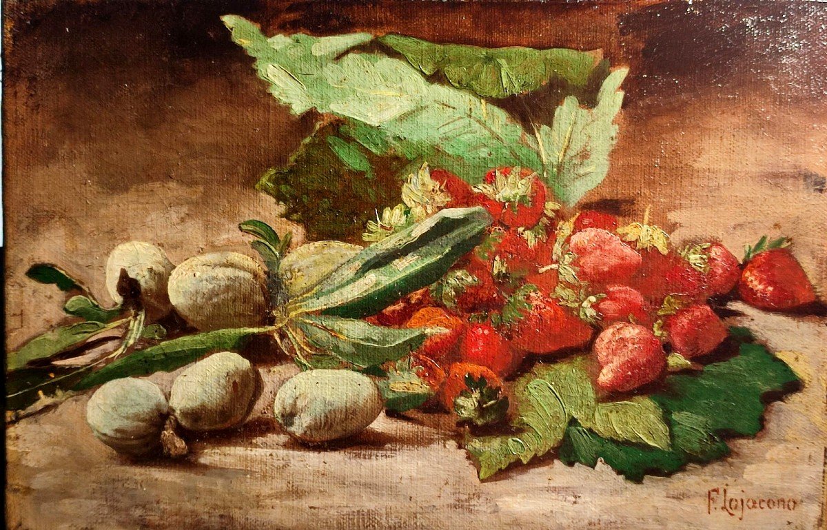 Francesco Lo Jacono 'Natura morta  ' Mandorle e Fragoloni'  entro cornice .