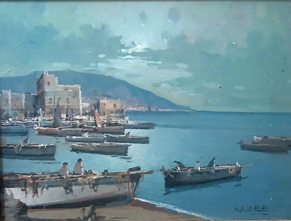 ‘Golfo Mediterraneo con barche’  olio su tavoletta , scuola di Posillipo F.Fontana. cm 30x40-photo-3