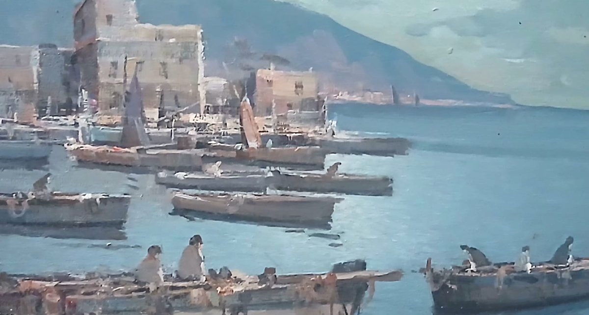 ‘Golfo Mediterraneo con barche’  olio su tavoletta , scuola di Posillipo F.Fontana. cm 30x40-photo-4