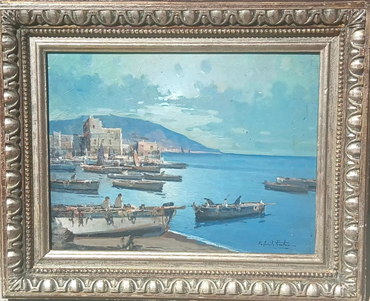 ‘Golfo Mediterraneo con barche’  olio su tavoletta , scuola di Posillipo F.Fontana. cm 30x40