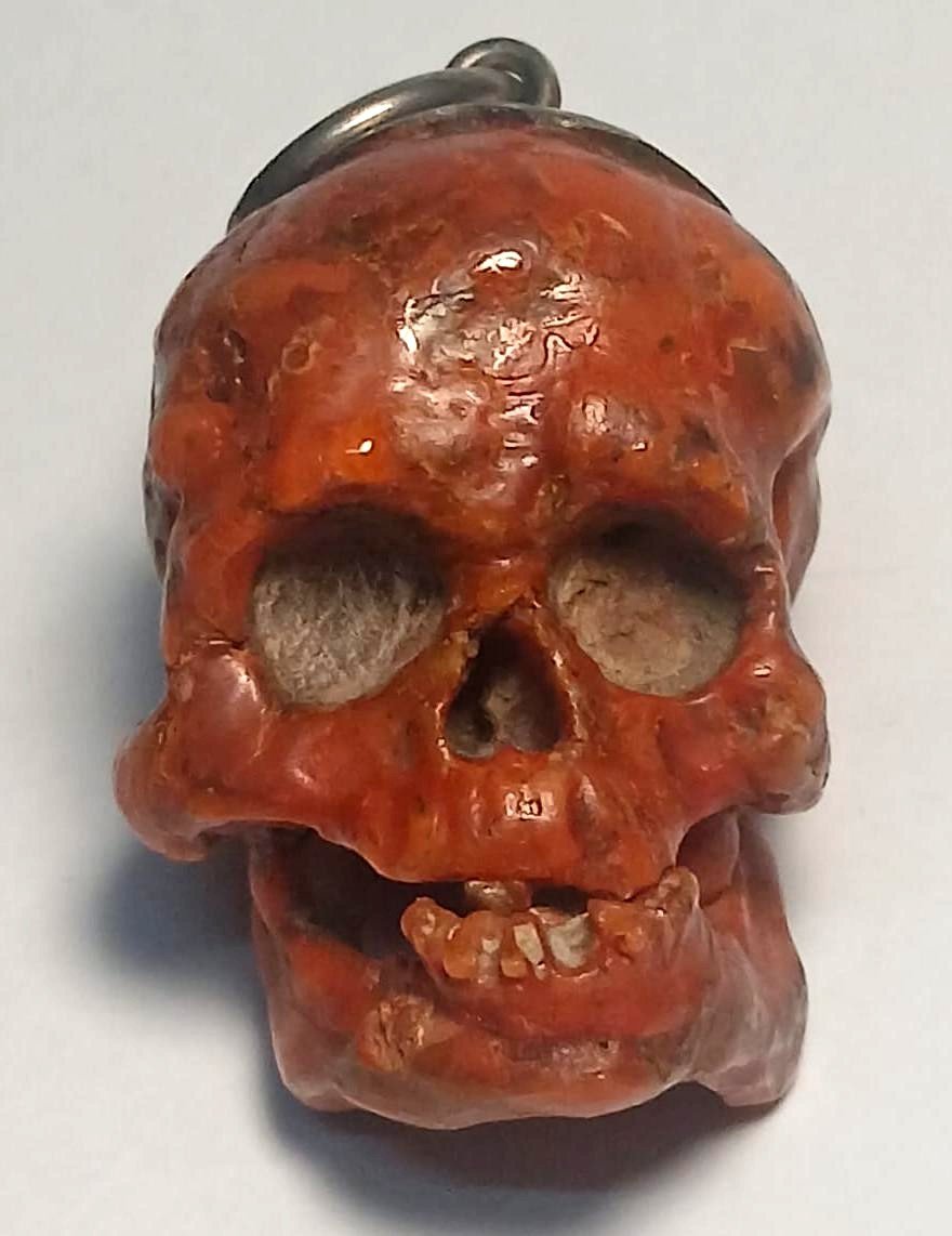 Teschio scolpito da grosso ramo di Corallo. Vanitas scaramantica trapanese del XVII secolo.