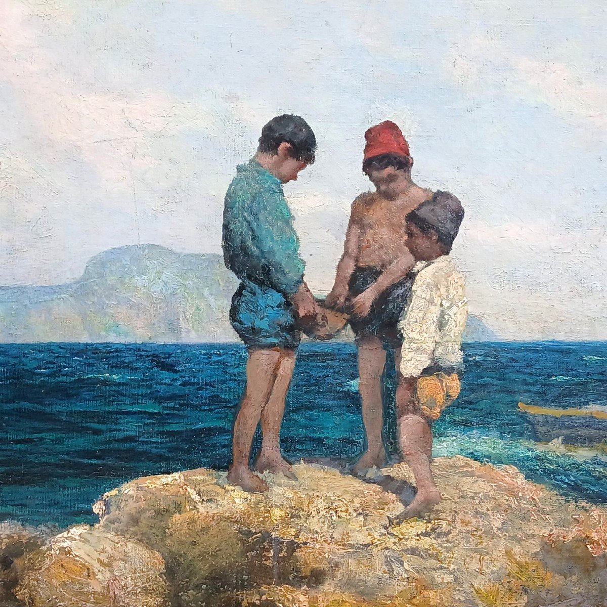 Michele Cortegiani (attr.) 'Pescatorelli tra gli scogli' Olio su tela di cm.80x140.-photo-3