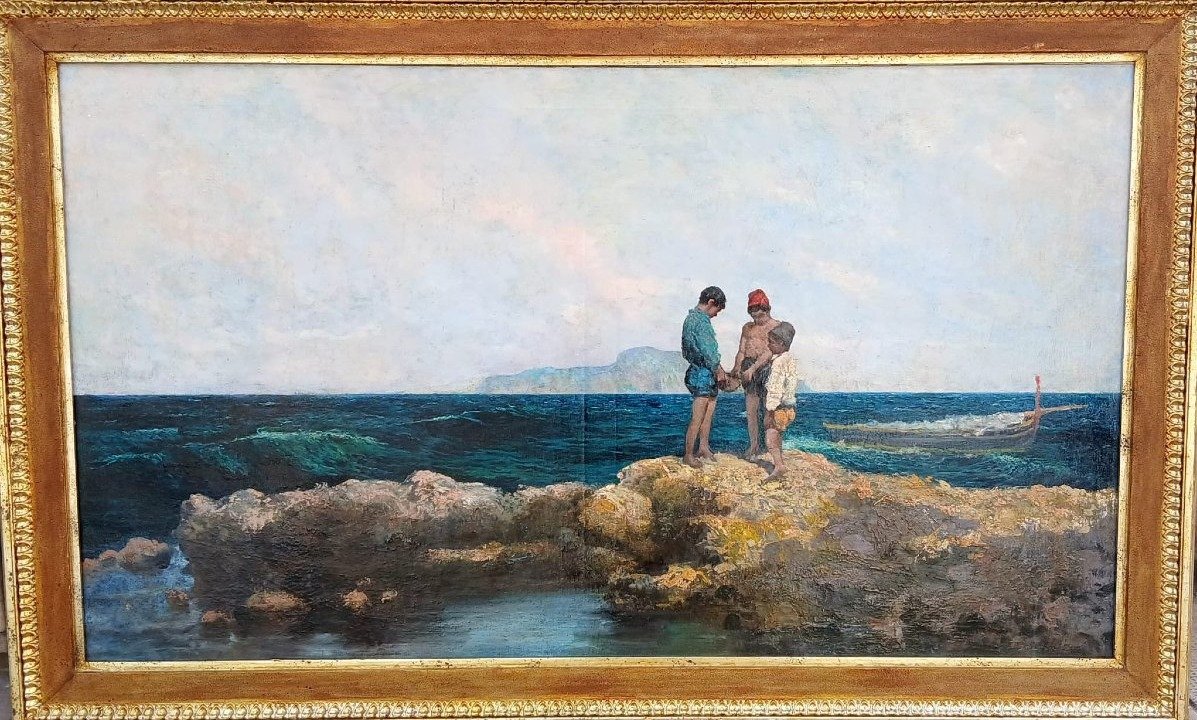 Michele Cortegiani (attr.) 'Pescatorelli tra gli scogli' Olio su tela di cm.80x140.