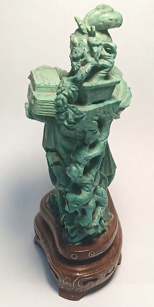 Scultura in turchese raffigurante una Guanyin con in mano uno scrigno aperto. Pechino Fine 800'-photo-4