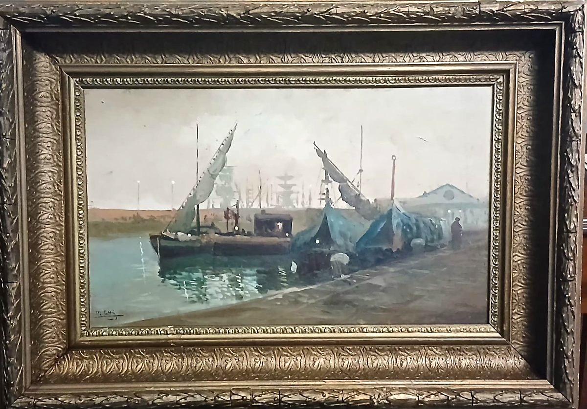 Michele Catti 'Foschia al porto di Catania' Olio su tavola  cm.30x60  con cornice originale.-photo-2