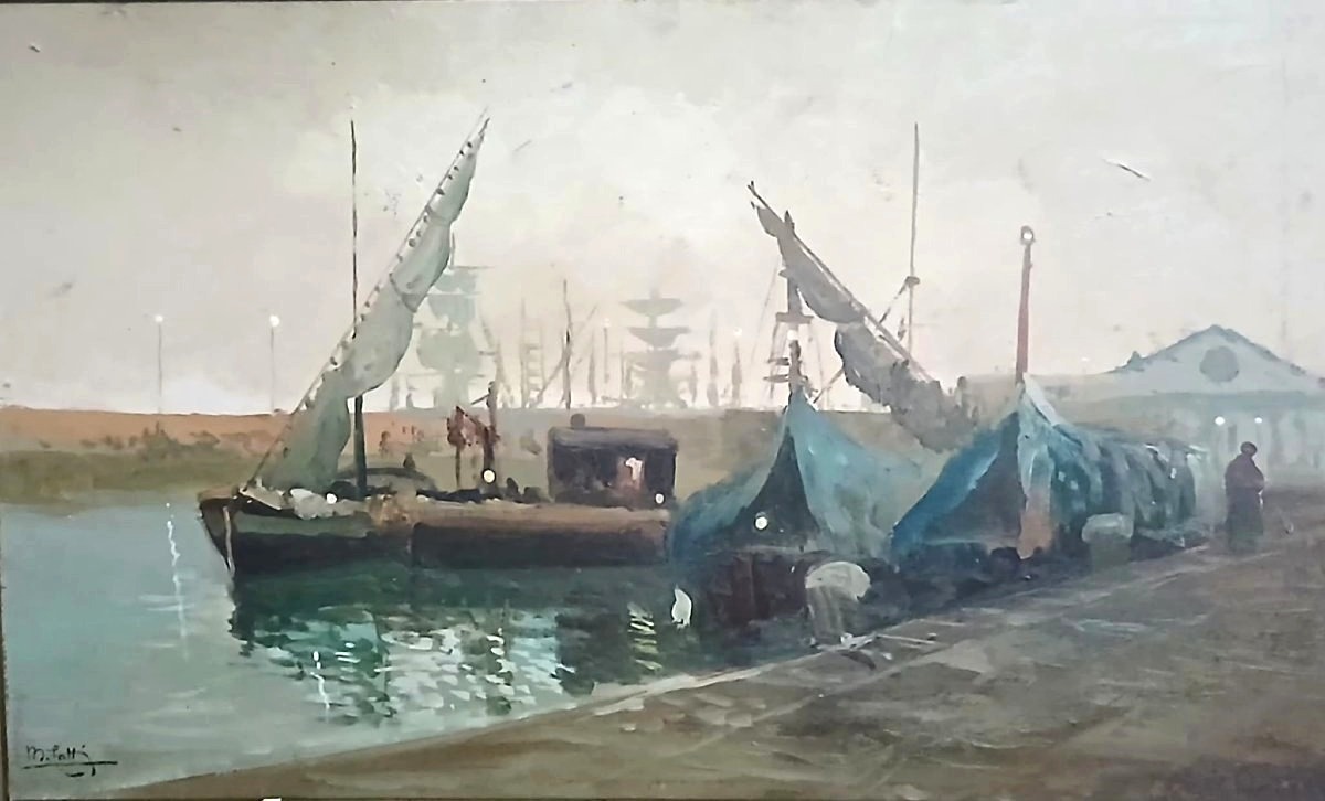 Michele Catti 'Foschia al porto di Catania' Olio su tavola  cm.30x60  con cornice originale.