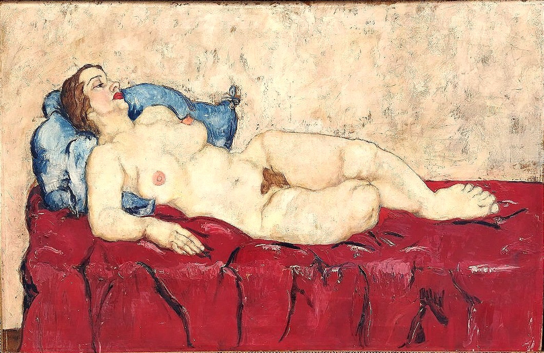 Nudo di Wally Neuzil su divano rosso. Olio su tela cm.70x100.Espressionista austriaco 1915-photo-2