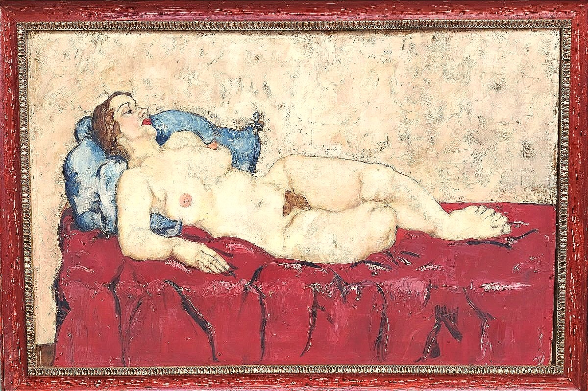 Nudo di Wally Neuzil su divano rosso. Olio su tela cm.70x100.Espressionista austriaco 1915-photo-3