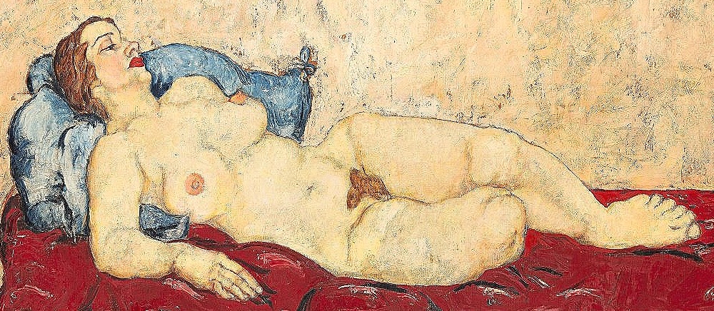 Nudo di Wally Neuzil su divano rosso. Olio su tela cm.70x100.Espressionista austriaco 1915-photo-4