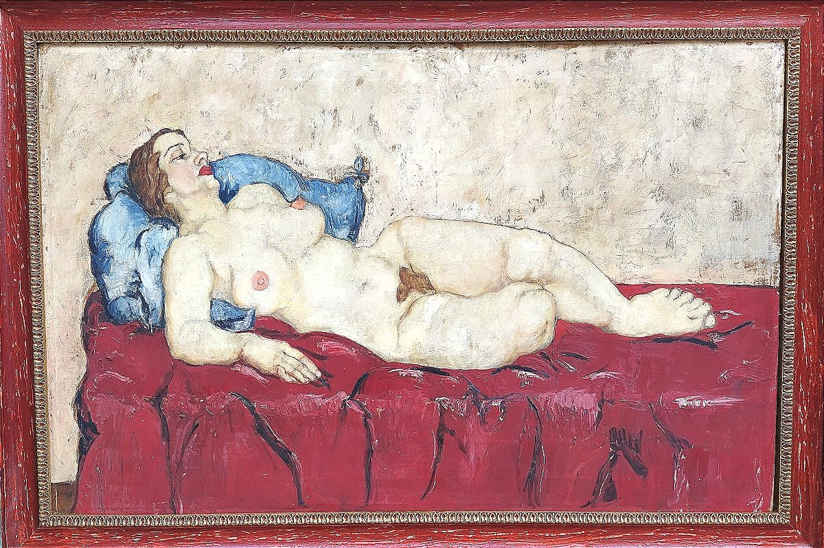  -'Nudo di Wally Neuzil su divano rosso'. Olio su tela cm.70x100