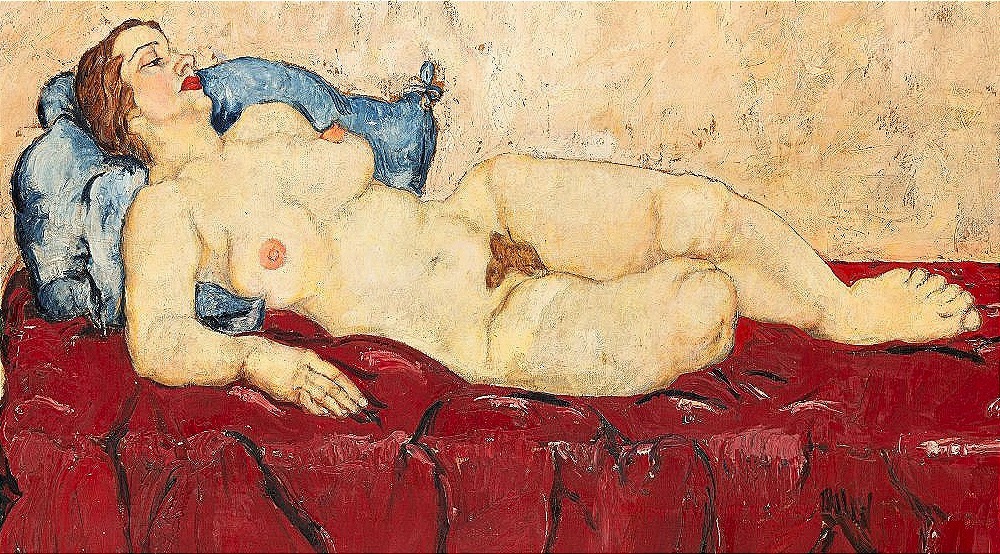 Nudo di Wally Neuzil su divano rosso. Olio su tela cm.70x100.Espressionista austriaco 1915