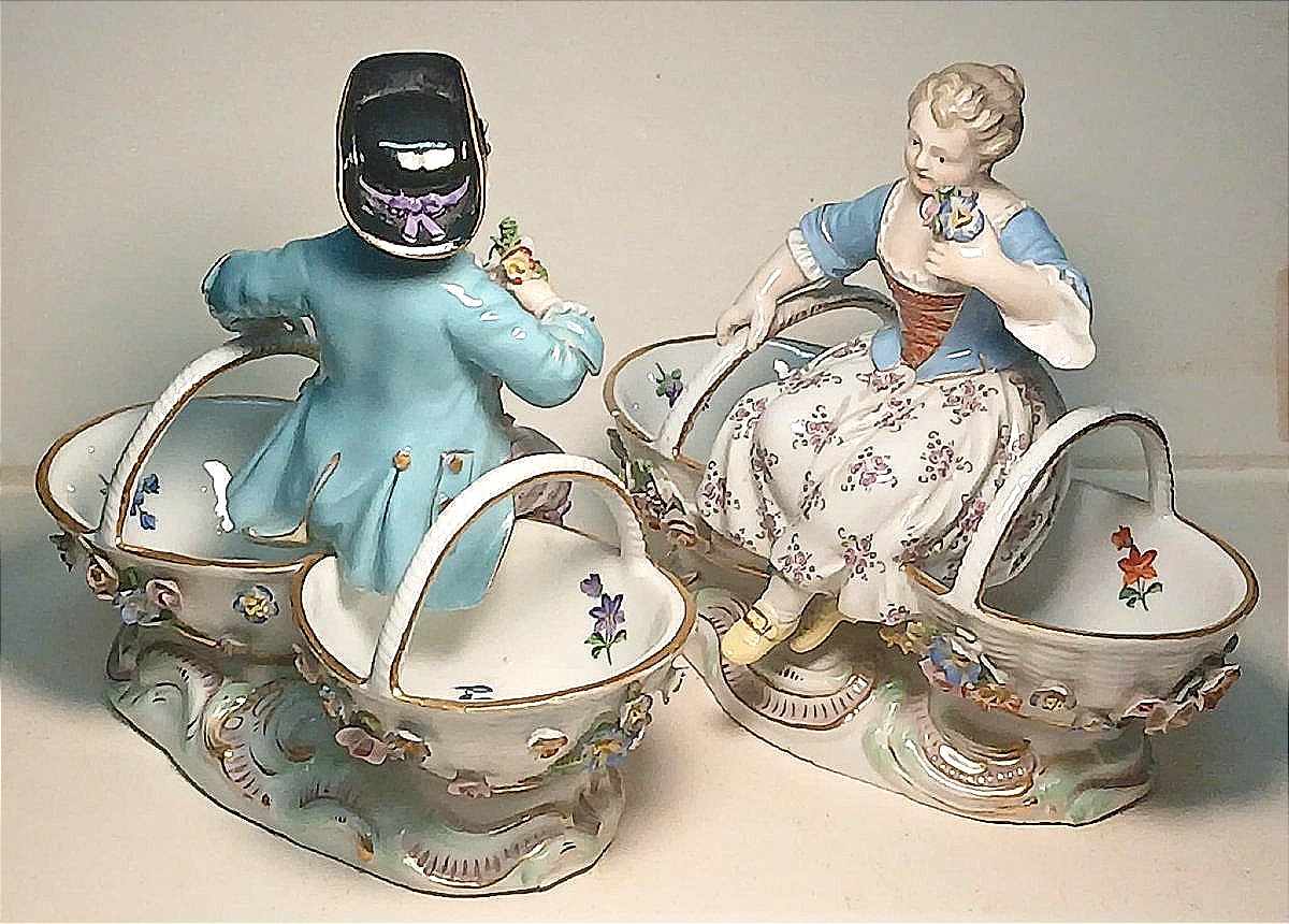 Meissen, coppia di saliere in porcellana smaltata di Marcolini (1771-1814). Datate 1778 --photo-3