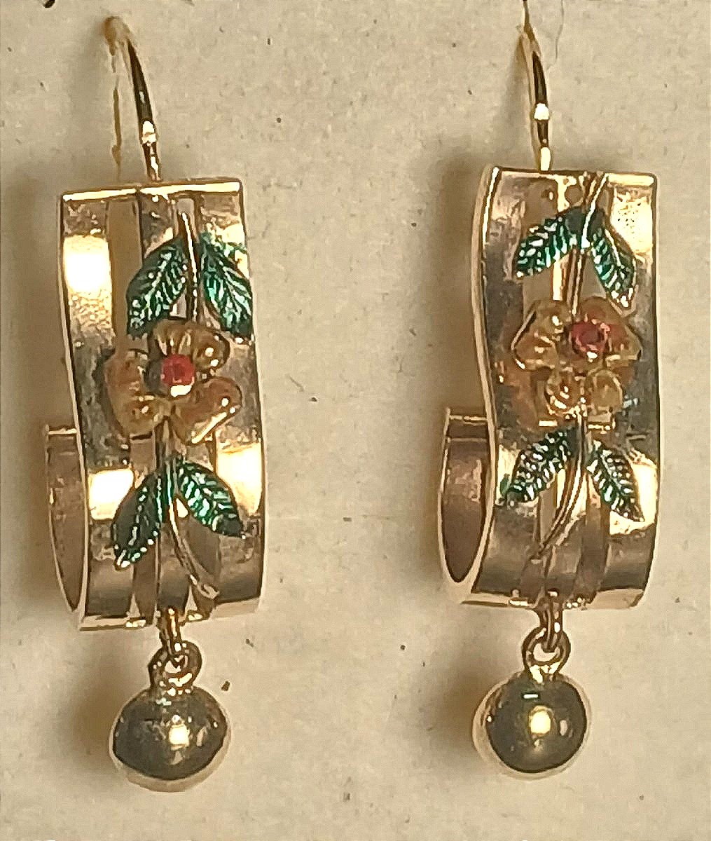 Orecchini Liberty in oro e smalti con pendenti a  mezza sfera.  Oro gr.5,5