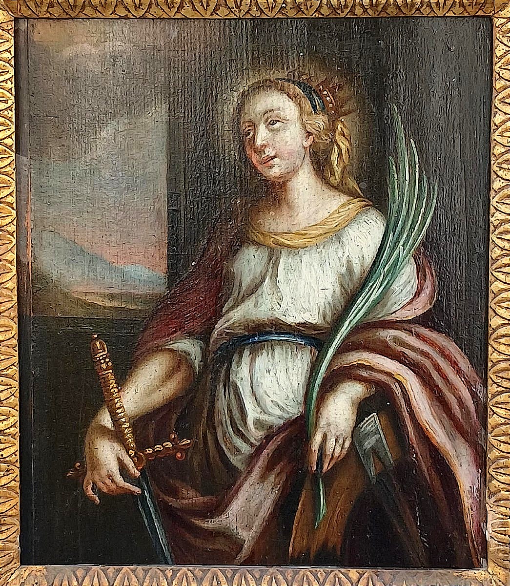Santa Caterina d'Alessandria Olio su tavola di scuola italiana della fine del secolo XVI. 