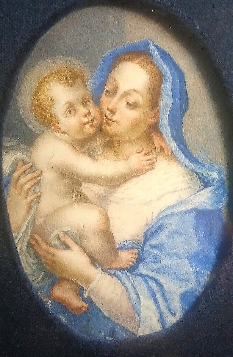 G.G. Chiari Madonna e  bambino Miniatura ad olio su rame di scuola romana del XVII-XVIII secolo