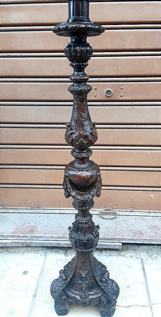 Candeliere ligneo Luigi XIV, Barocco siciliano, con impianto luce.-photo-2