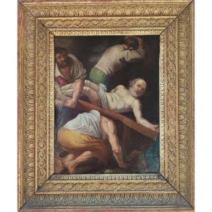 Da Caravaggio. La crocifissione di San Pietro dipinto ad olio su rame.  XVII sec.