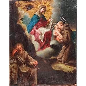 Pittura su rame raffigurante Madonna e Bambino con i santi Antonio e Francesco. Firmato Sadeler 