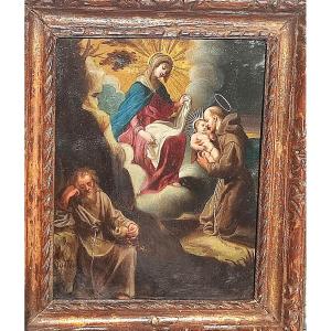 Pittura su rame raffigurante Madonna e Bambino con i santi Antonio e Francesco. Firmato Sadeler 