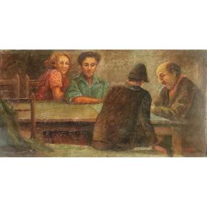 Pippo Rizzo, 'La Partita a Carte' opera firmata e datata 1923. Grande dipinto carico di energia