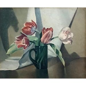 Valentino Ghiglia (1903-!960)- Tulipani in brocca di vetro verde. Dipinto luminoso del pittore 