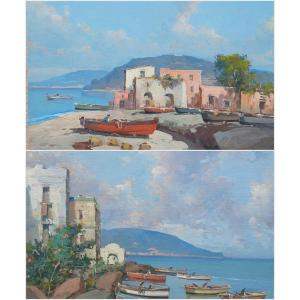 Coppia di Marine della costa mediterranea. Napoli sec. XX. cm 30x40- firmate F.Fontana.