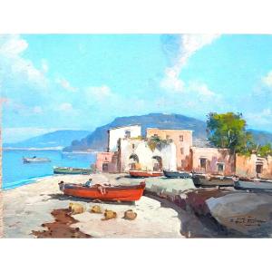 Coppia di Marine della costa mediterranea. Napoli sec. XX. cm 30x40- firmate F.Fontana.