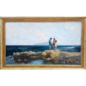 Michele Cortegiani 'Pescatorelli tra gli scogli' Olio su tela di cm.80x140.