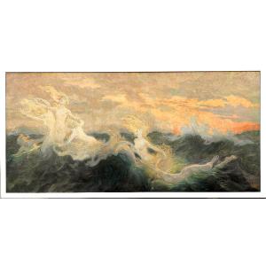 Walter Crane 'La Danza delle Sirene'. Olio su tela siglato eseguito a Monaco nel primissimo 900
