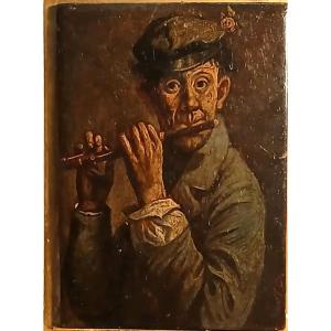 Il Flautista con fiore sul cappello. Tavoletta dipinta ad olio di cm 12 x 8 scuola 800 inglese 
