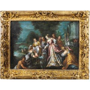 Andrea Michieli detto Il Vicentino. 'Mosè salvato dalle acque' in  splendida cornice originale.