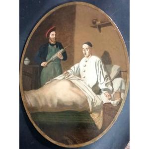 Jean Pezous  (attribuito)  'L'envers d'une ripaille' d'apres Jean Huber. Pierrot e il clistere.