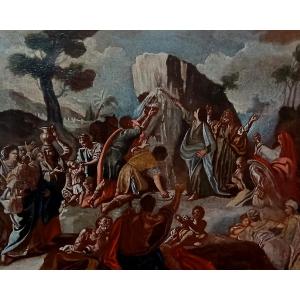 Angelo Solimena 1629-1716 (attribuibile) . Mosè fa scaturire l'acqua dalle rocce cm 48x60