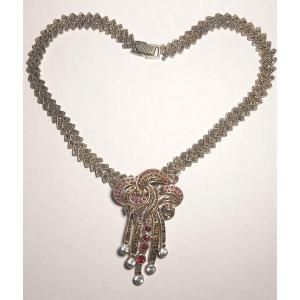 Collana Barocca in argento sterling con brillanti sintetici granati e marcassite. Anni 1970