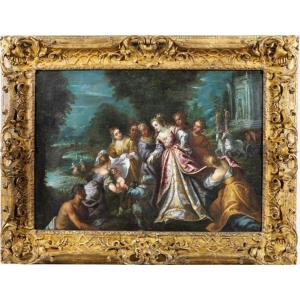 Andrea Michieli detto Il Vicentino. 'Mosè salvato dalle acque' in splendida cornice originale.
