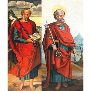 Francisco Pacheco de Rio. (Maestro di Velasquez) San Pietro, dipinto su tavola. cm.97x50.