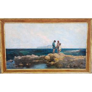 Michele Cortegiani (attr.) 'Pescatorelli tra gli scogli' Olio su tela di cm.80x140.