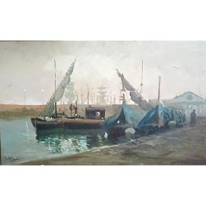 Michele Catti 'Foschia al porto di Catania' Olio su tavola cm.30x60 con cornice originale.