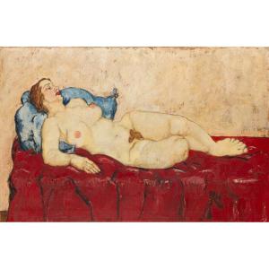 Egon Schiele Capolavoro inedito -'Nudo di Wally Neuzil su divano rosso'. Olio su tela cm.70x100