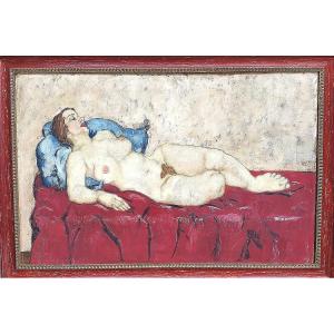 Egon Schiele Capolavoro inedito -'Nudo di Wally Neuzil su divano rosso'. Olio su tela cm.70x100