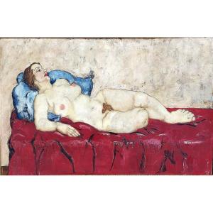Nudo di Wally Neuzil su divano rosso.Olio su tela cm.70x100.Espressionista austriaco inizi 900.