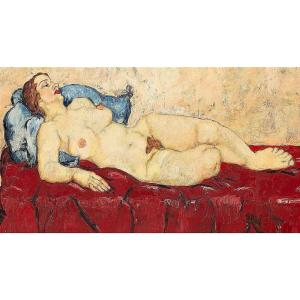 Nudo di Wally Neuzil su divano rosso. Olio su tela cm.70x100.Espressionista austriaco 1915
