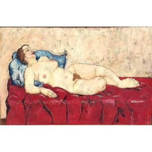 Nudo di Wally Neuzil su divano rosso. Olio su tela cm.70x100. Espressionista austriaco 1915