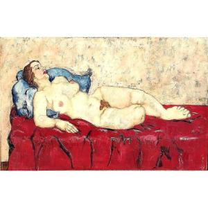 Nudo di Wally Neuzil su divano rosso. Olio su tela cm.70x100. Espressionista austriaco 1915